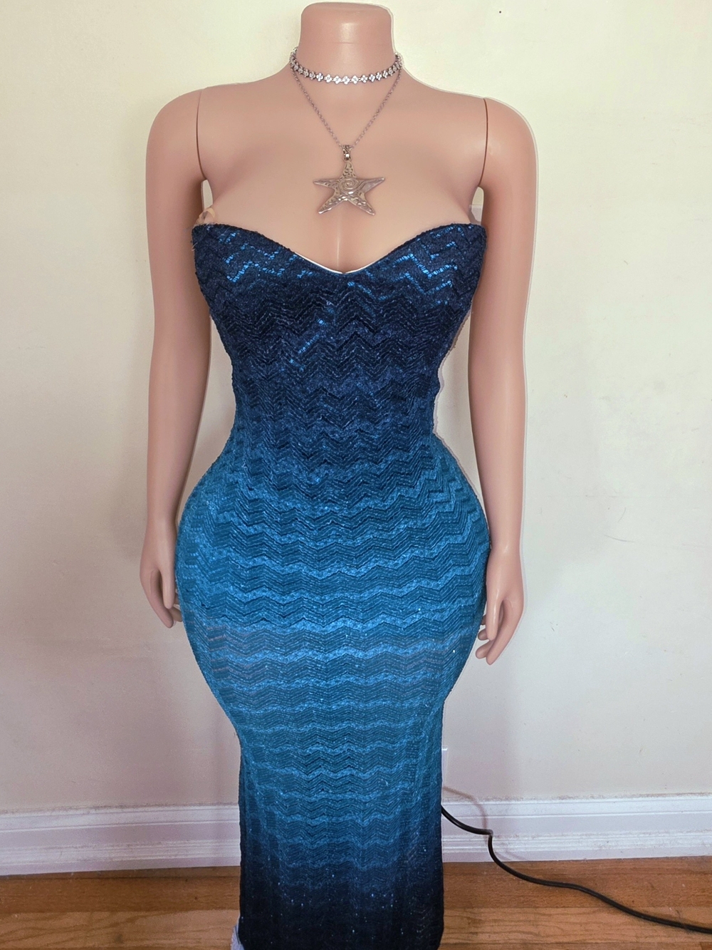 Jump Strapless Ombre Glittery Mermaid Dress in Blue Teal